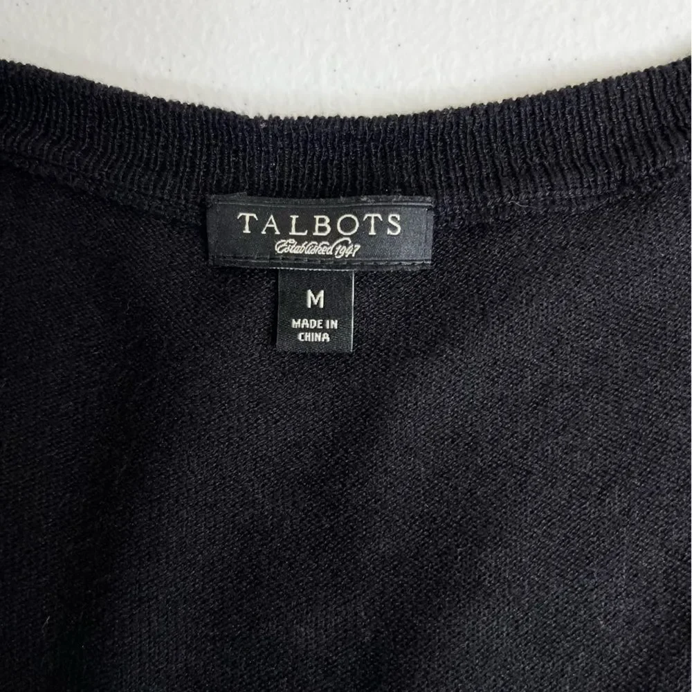 Talbots Silk Blend Button Front Polka Dot Ruffle Black Cardigan Womens Medium